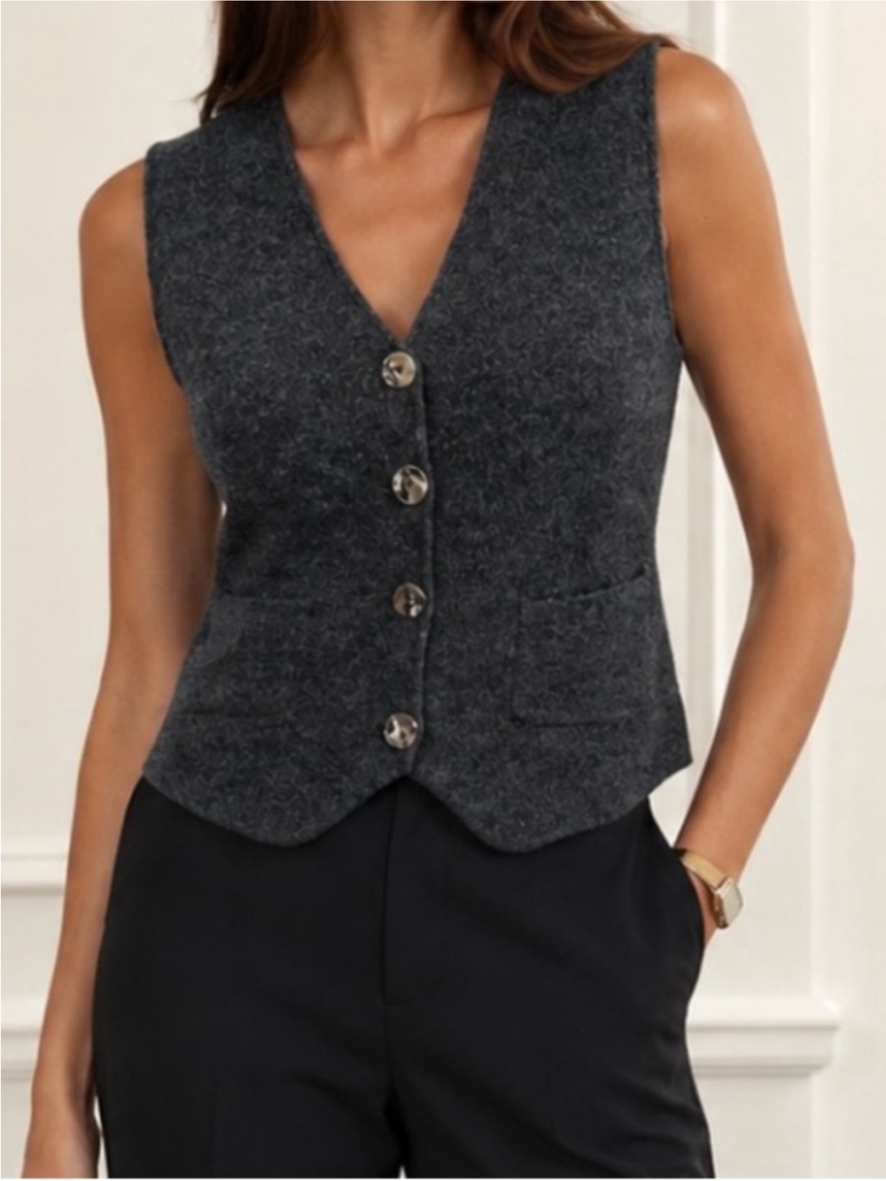 Charcoal Gray Button-Front Wool Blend Vest